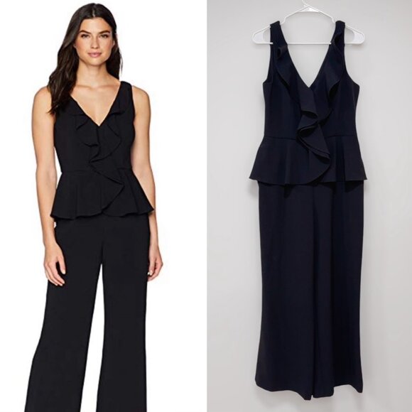 Eliza J Pants - Eliza J Women's Black Sleeveless Ruffled Peplum Wide Leg Jumpsuit Size 10